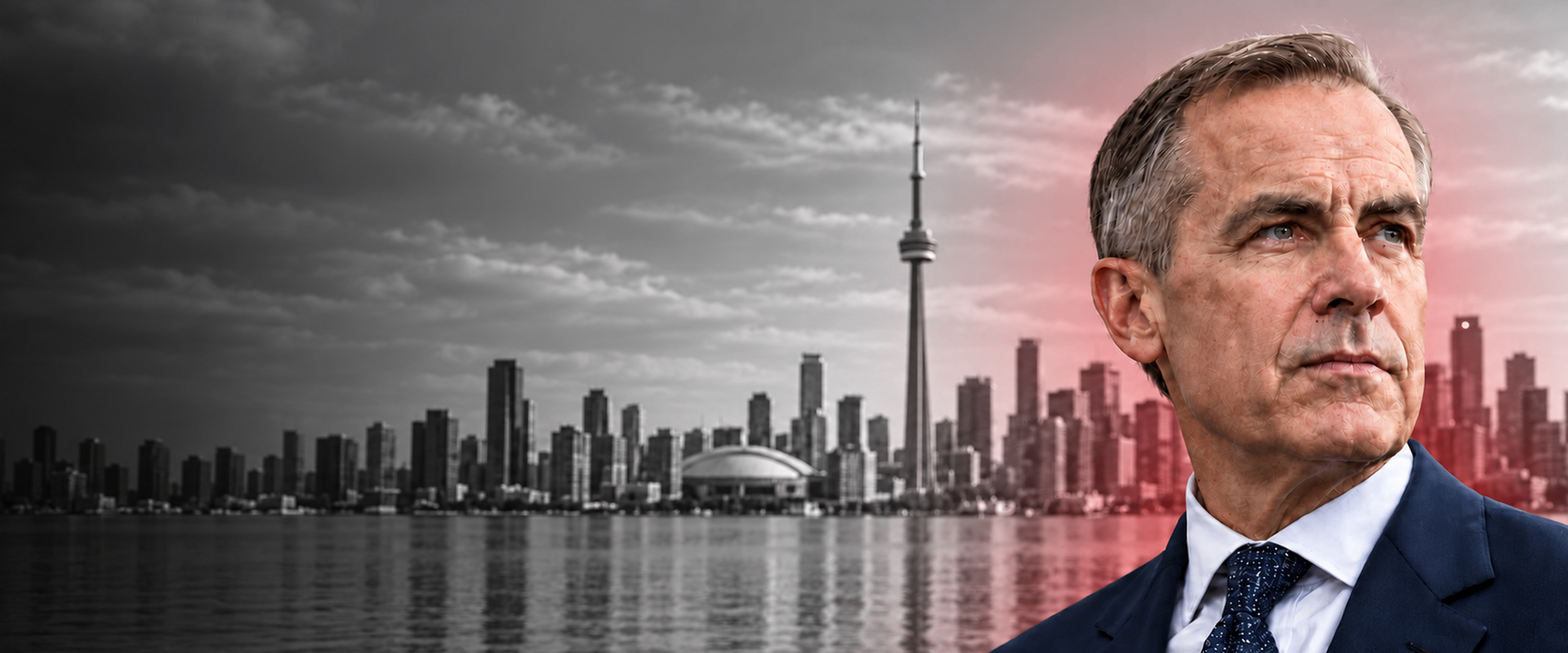 Toronto skyline with Mark Carney looking toward the horizon