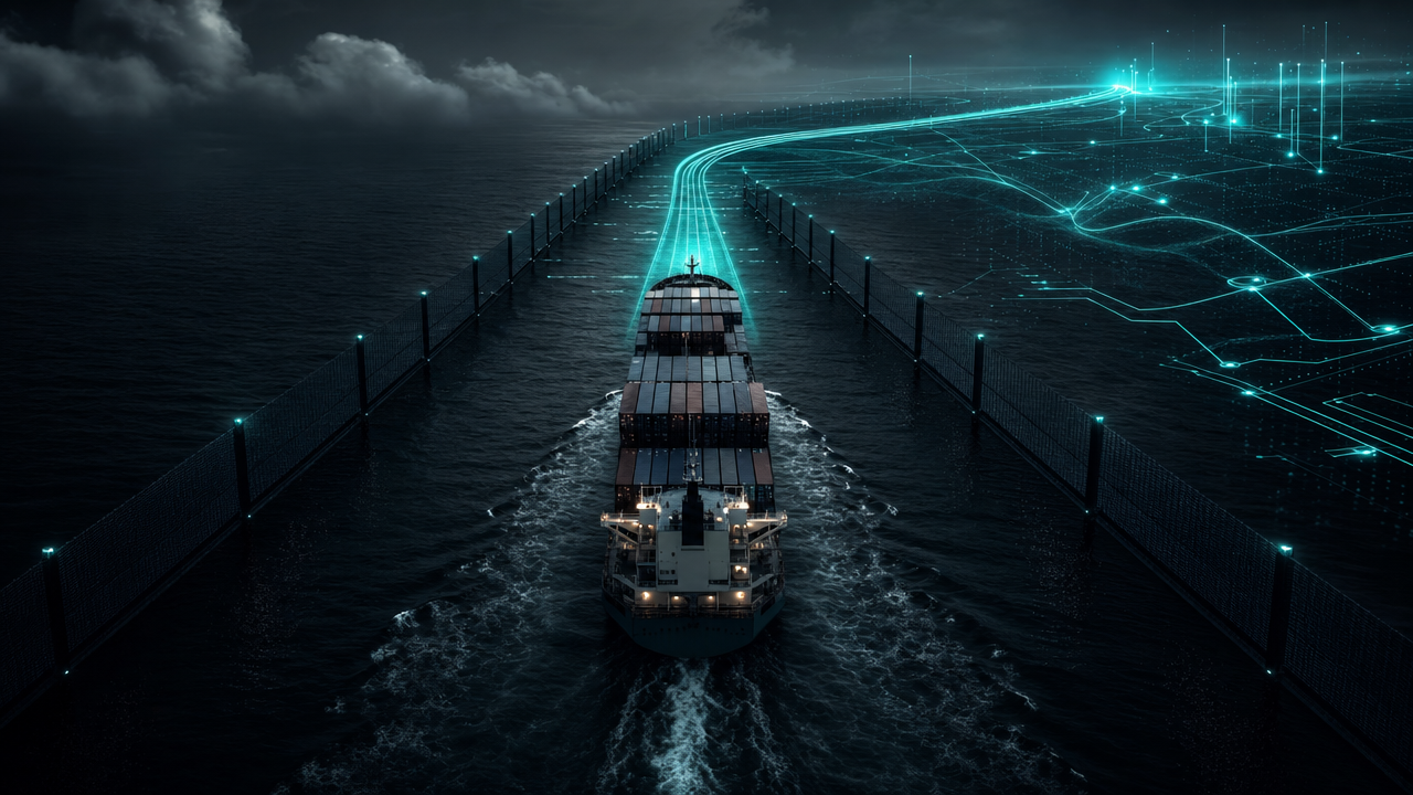A container ship moves through a fenced maritime corridor